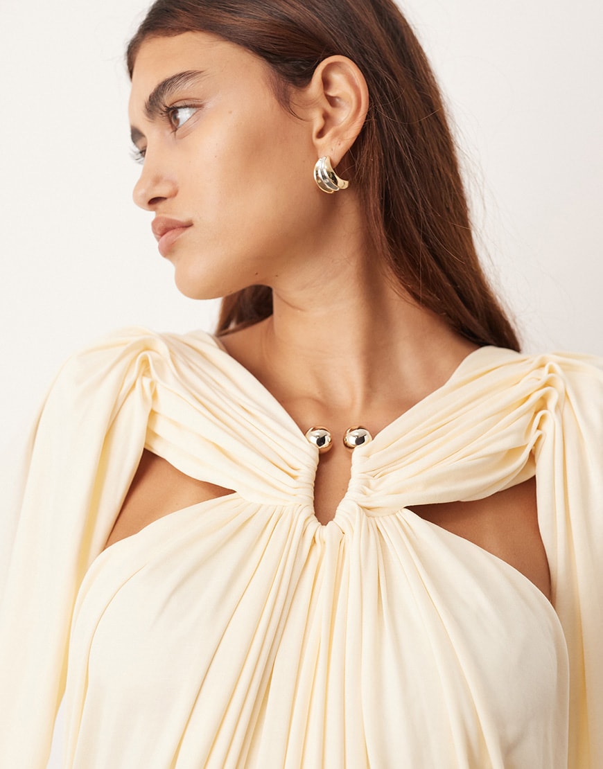 ARRANGE drape midi dress with balloon sleeve and hardware detail in buttermilk | ASOS Style Feed