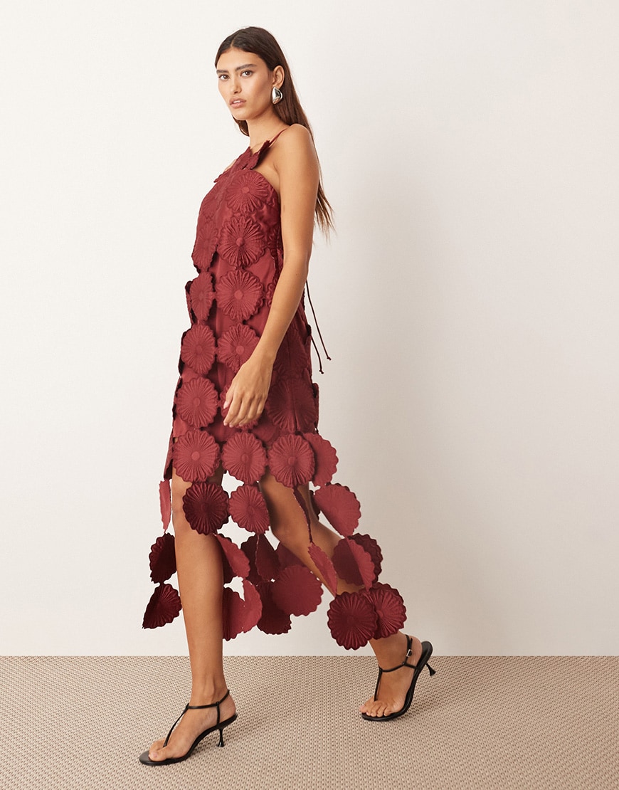 ARRANGE cutwork floral midi dress with fringe hem in burgundy | ASOS Style Feed