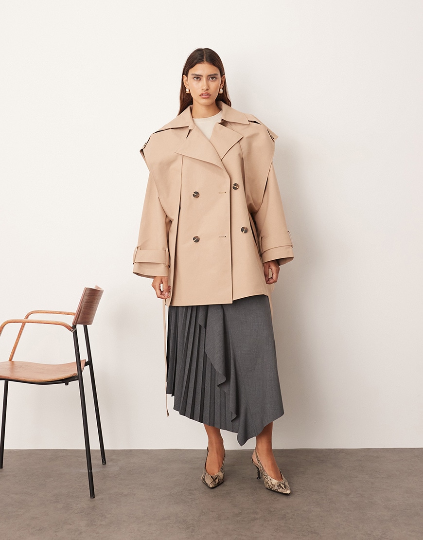 ARRANGE double breasted cropped trench coat with cape detail in tan | ASOS Style Feed