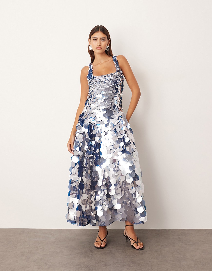 ARRANGE embellished disc sequin square neck full skirt midi dress in blue | ASOS Style Feed