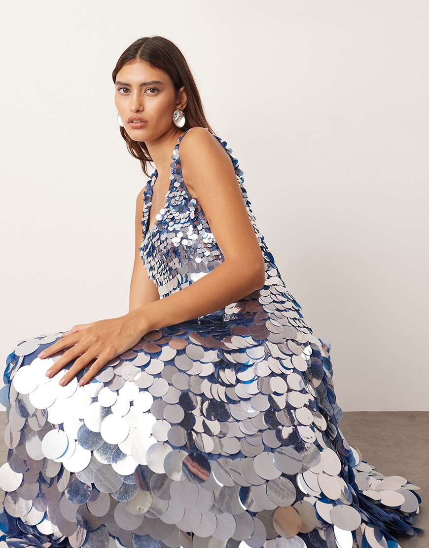 ARRANGE embellished disc sequin square neck full skirt midi dress in blue | ASOS Style Feed