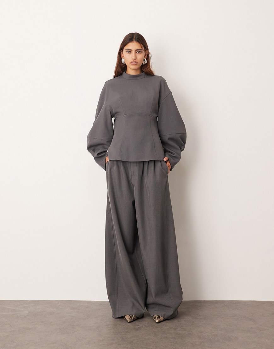 ARRANGE tailored seam detail sculpted top with ovoid sleeve and pleated detail wide leg barrel trouser in grey | ASOS Style Feed