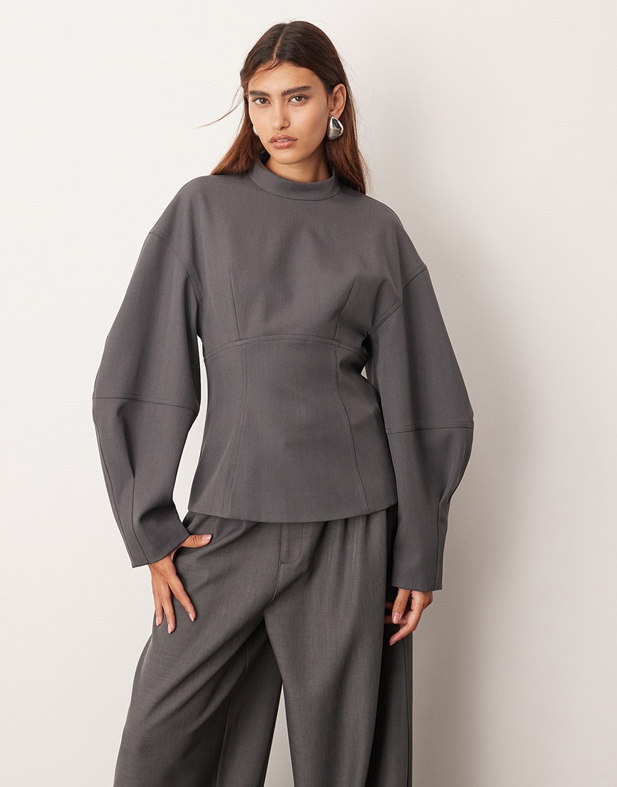 ARRANGE tailored seam detail sculpted top with ovoid sleeve and pleated detail wide leg barrel trouser in grey | ASOS Style Feed