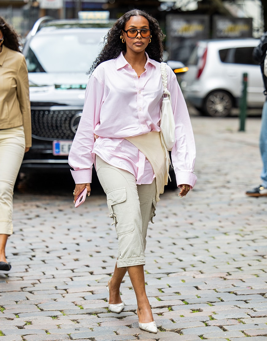 Woman wearing pale pink shirt | ASOS Style Feed