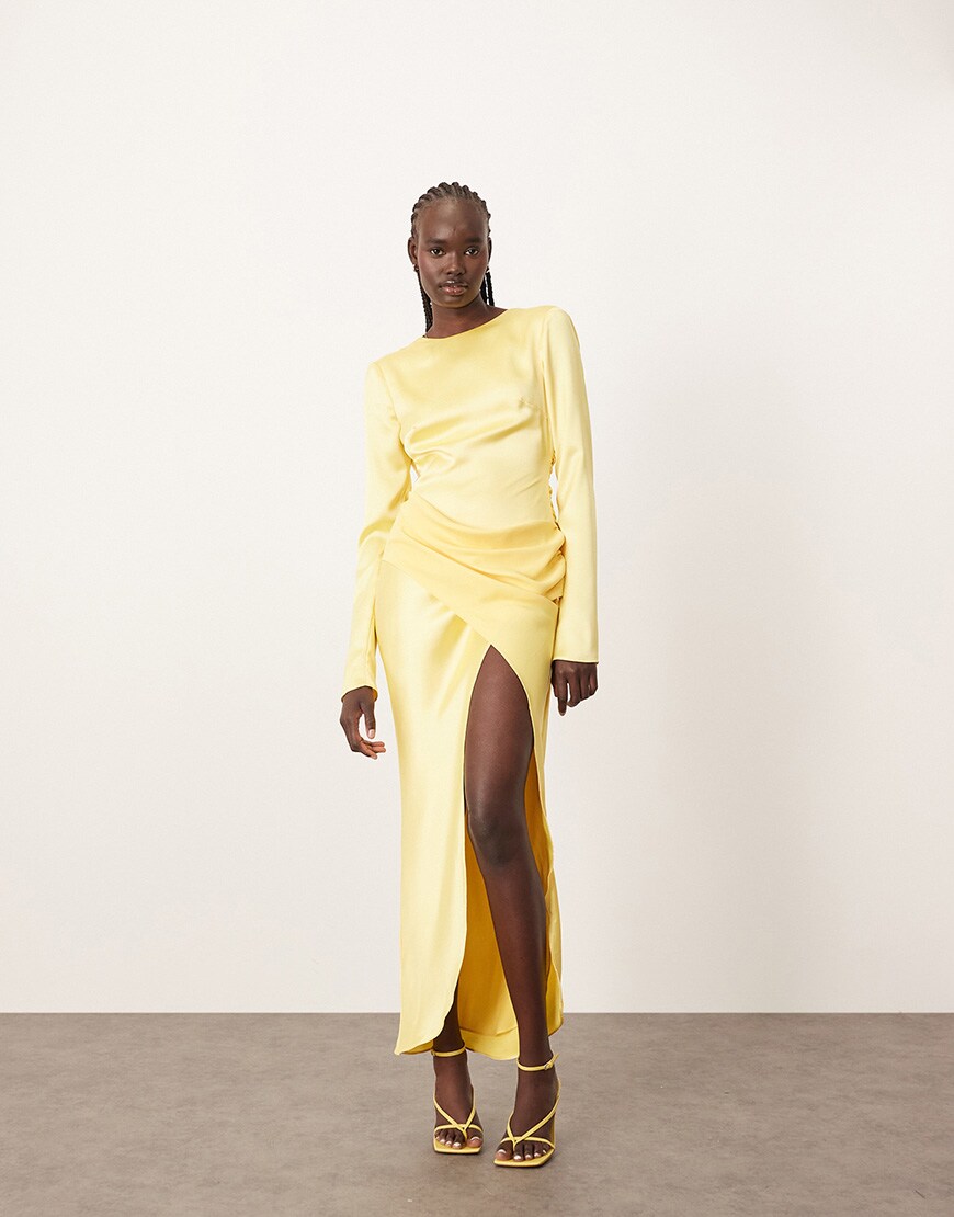 ARRANGE sleek satin drape maxi dress with open back in lemon | ASOS Style Feed