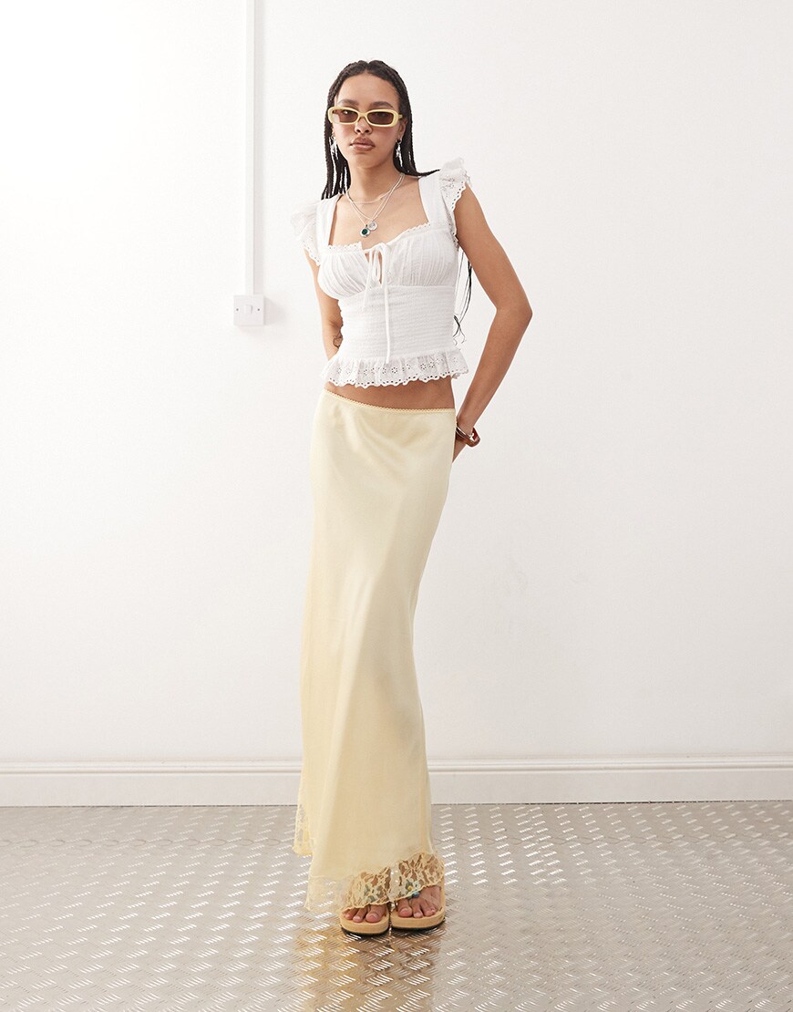 Reclaimed Vintage satin midi skirt with lace trim in buttermilk yellow | ASOS Style Feed