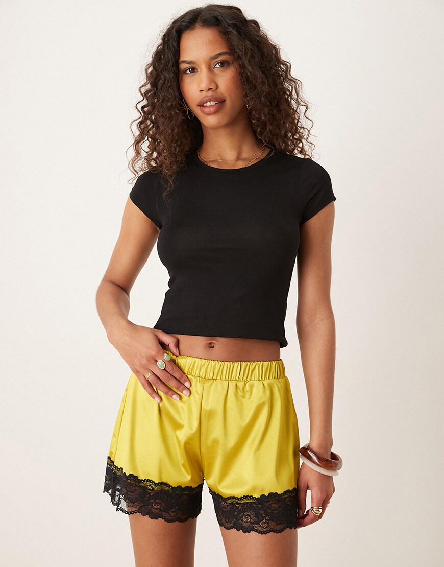 ASOS DESIGN relaxed stretch satin shorts in lime with black lace trim | ASOS Style Feed