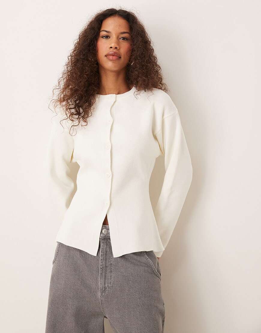 ASOS DESIGN knitted structured crew neck cardigan in cream | ASOS Style Feed