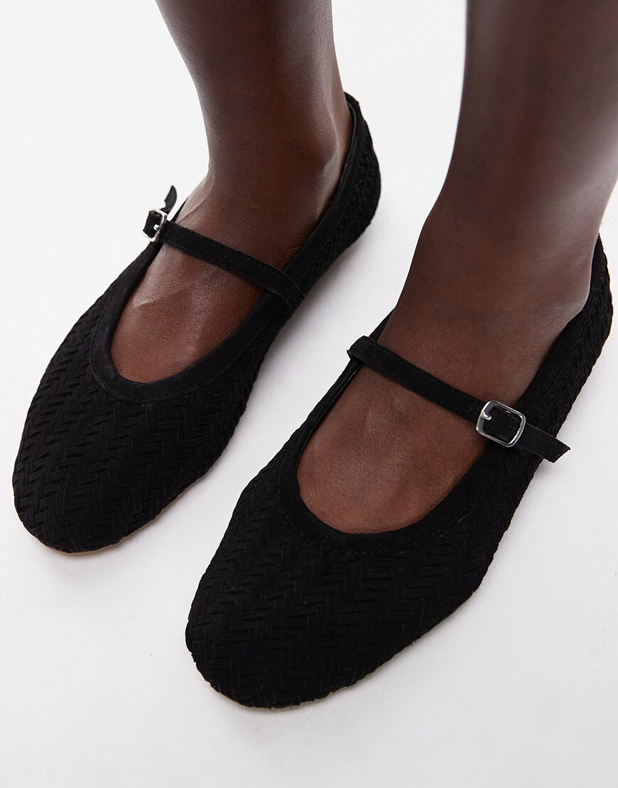 Topshop Bonnie woven real suede mary jane ballet in black suede | ASOS Style Feed