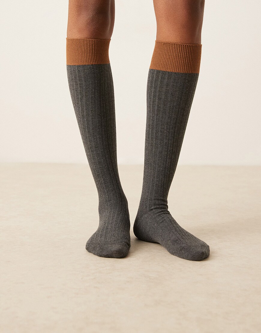 ASOS DESIGN ribbed contrast panel knee high socks in charcoal | ASOS Style Feed