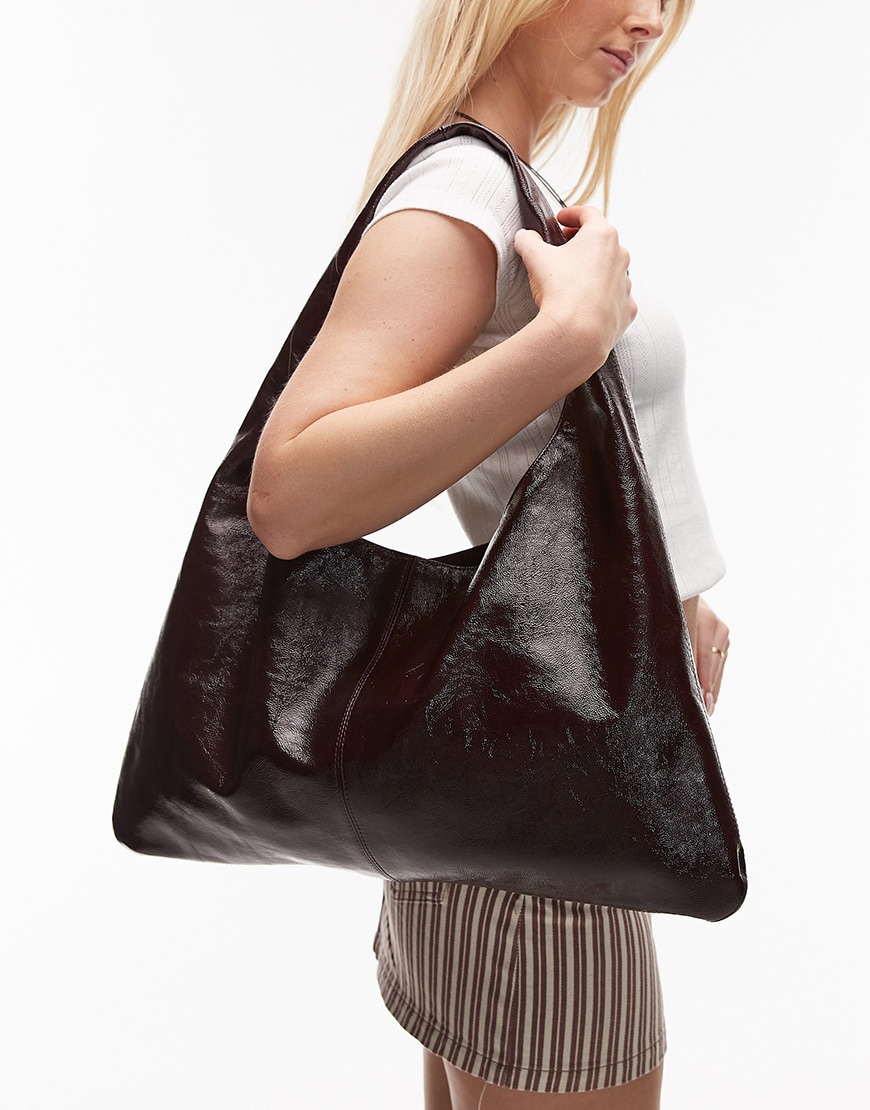 ARKET real leather large shiny slouchy tote bag in burgundy | ASOS Style Feed