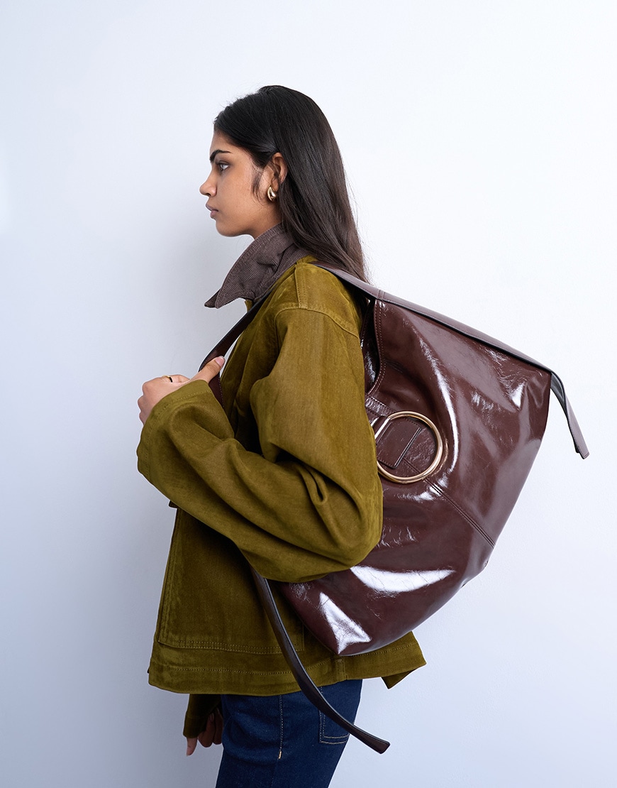 Topshop Saturn hardware shoulder bag in chocolate | ASOS