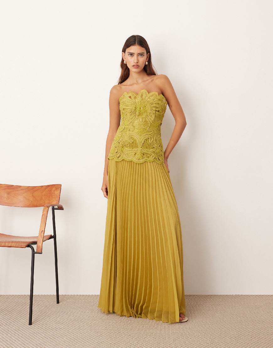 ARRANGE abstract cut work bandeau maxi dress with pleat skirt in olive green | ASOS Style Feed