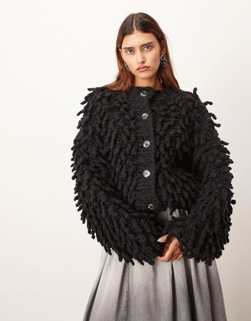 ARRANGE wool hand knit ultimate loop fringe cardigan in black | ASOS Style Feed