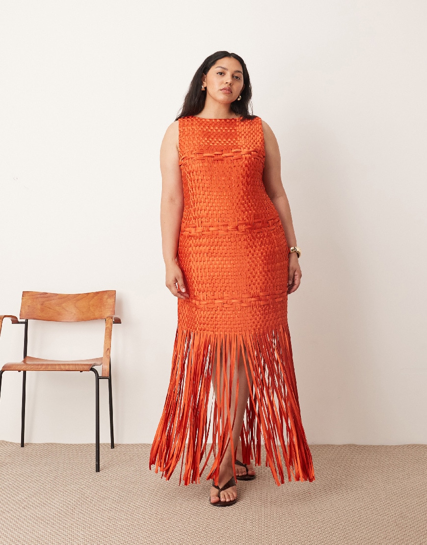 ARRANGE Curve lattice handwoven fringe hem midi dress in red | ASOS Style Feed