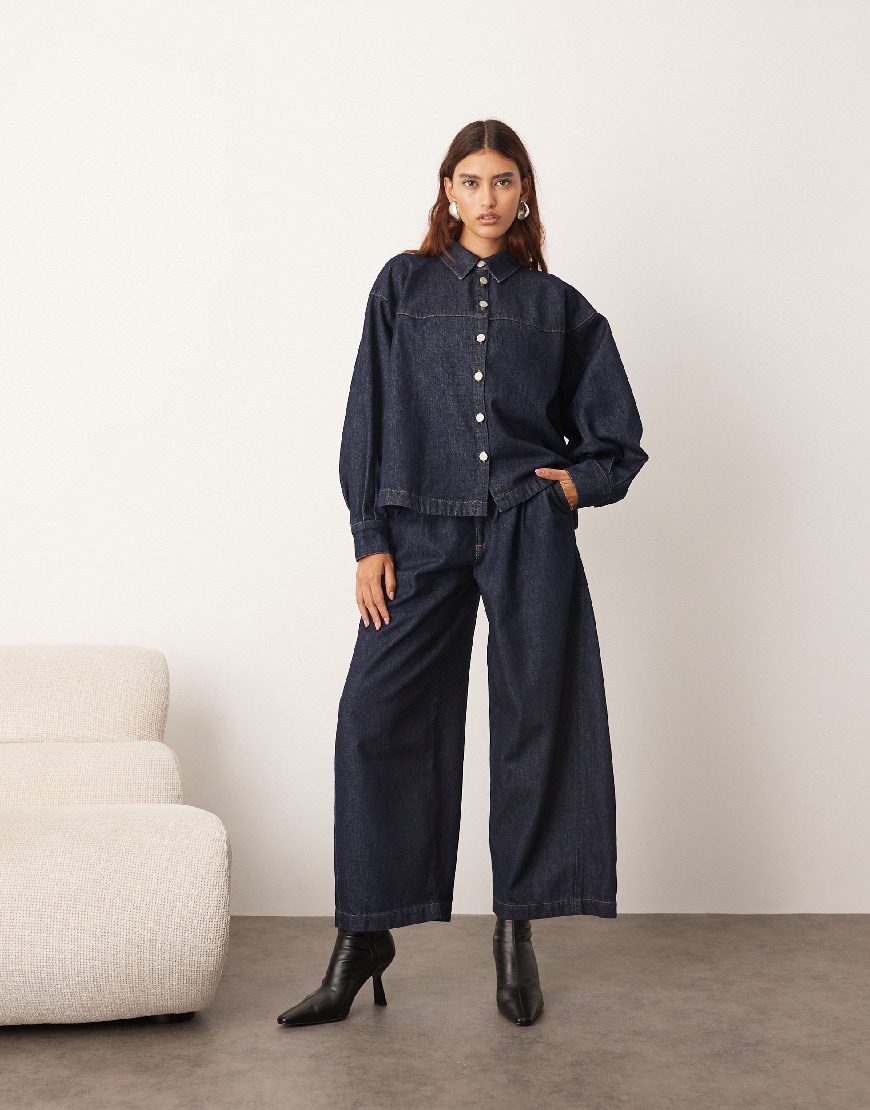 ARRANGE structured boxy denim shirt and pleat detail wide leg barrel trouser in indigo | ASOS Style Feed