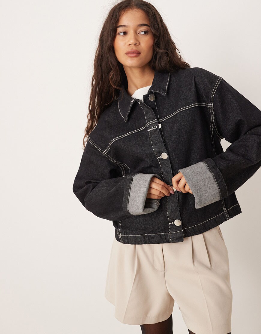 Gina Tricot fold up sleeve denim jacket in black rinse wash | ASOS Style Feed