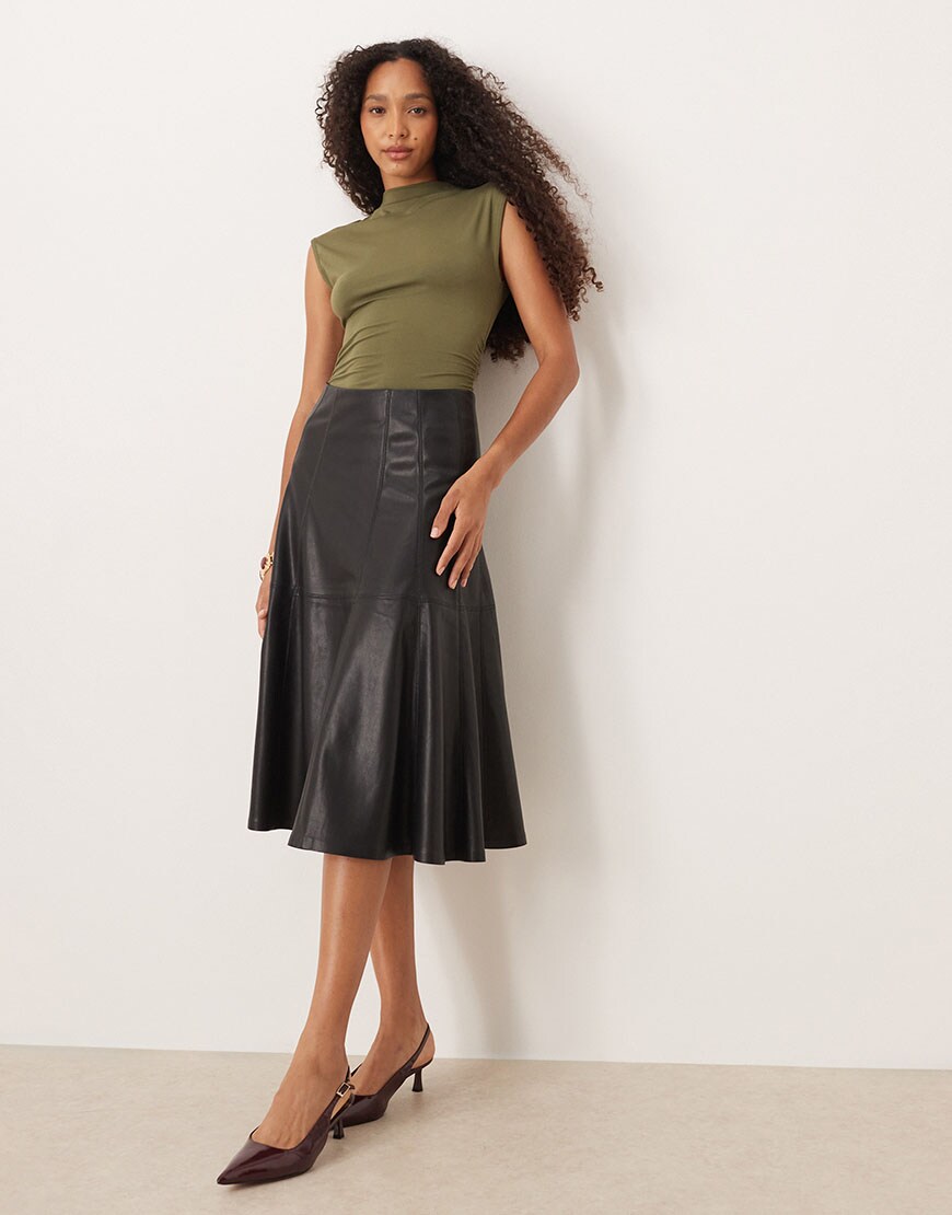 Gina Tricot PU midi skirt in black | ASOS Style Feed