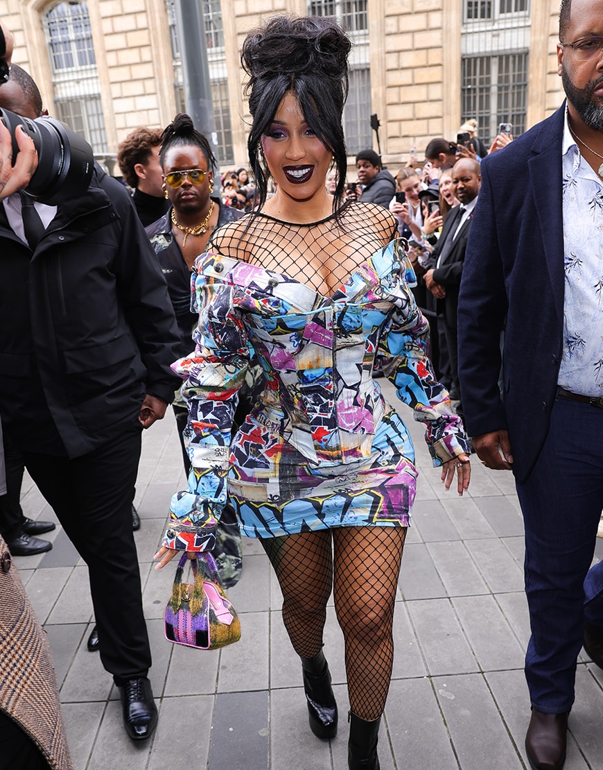 Cardi B wearing a graphic-print dress