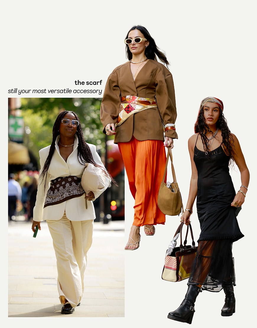 Collage of woman wearing silk scarves | ASOS Style Feed