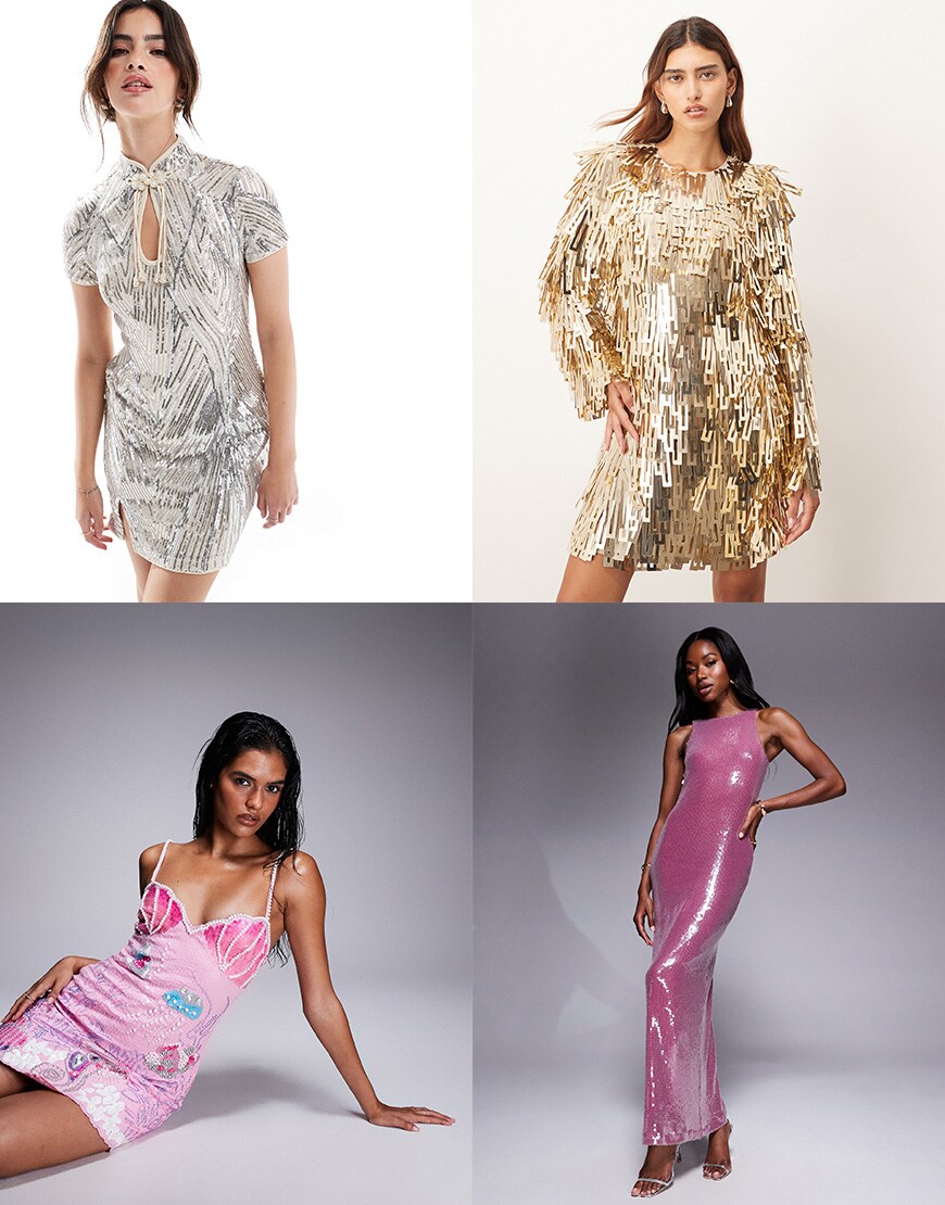 Collage of women wearing ASOS sequin dresses | ASOS Style Feed