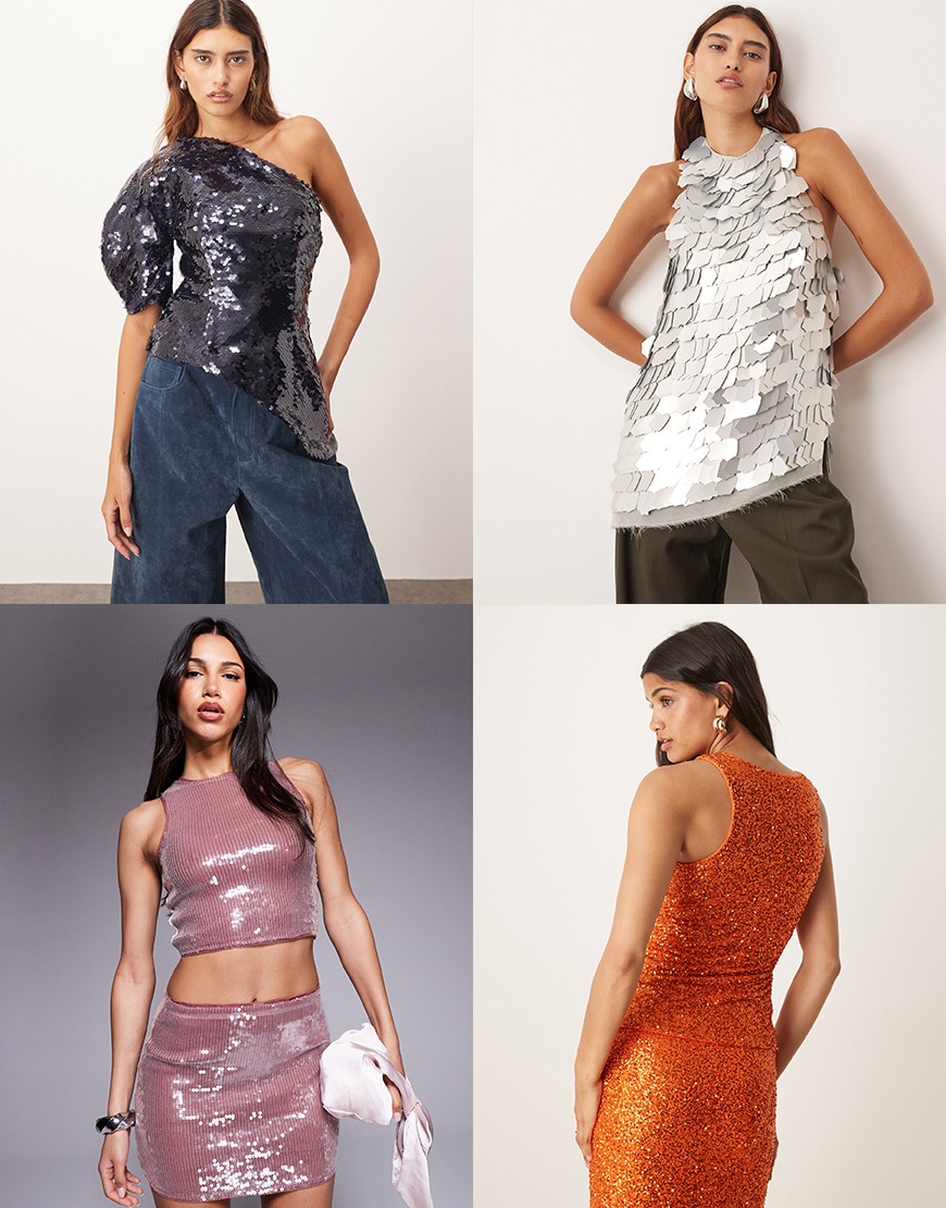 Collage of women wearing ASOS sequin tops | ASOS Style Feed