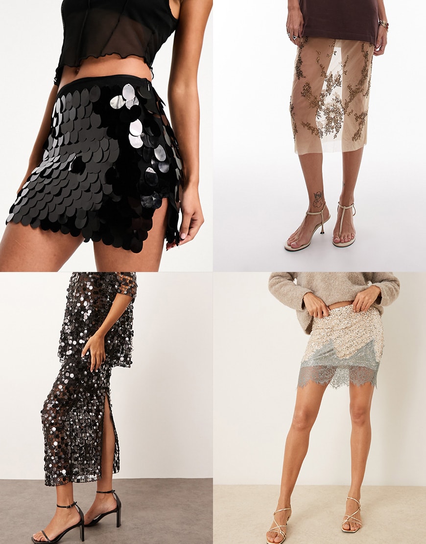 Collage of women wearing ASOS sequin skirts | ASOS Style Feed
