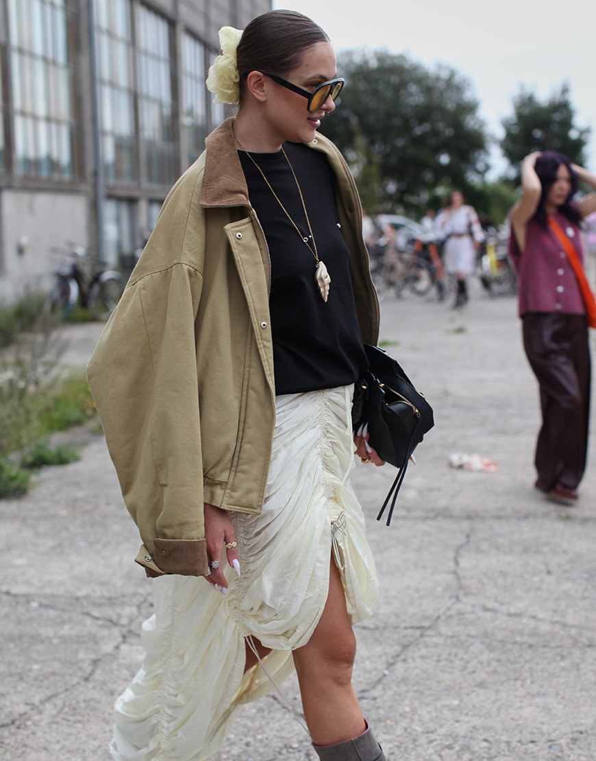 Woman wearing barn jacket and scrunchie | ASOS Style Feed