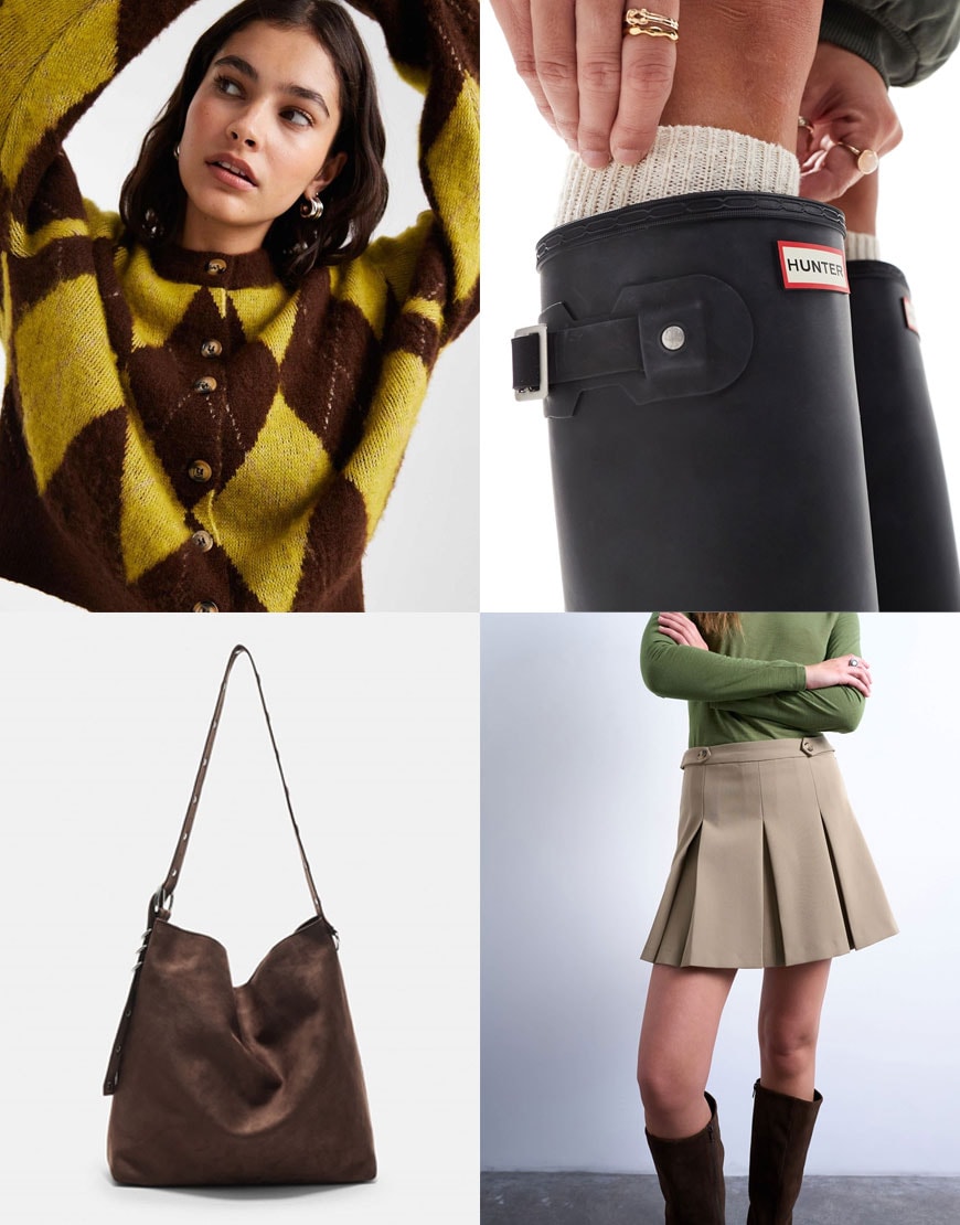 Cardigan, Skirt, Wellington Boots, Bag