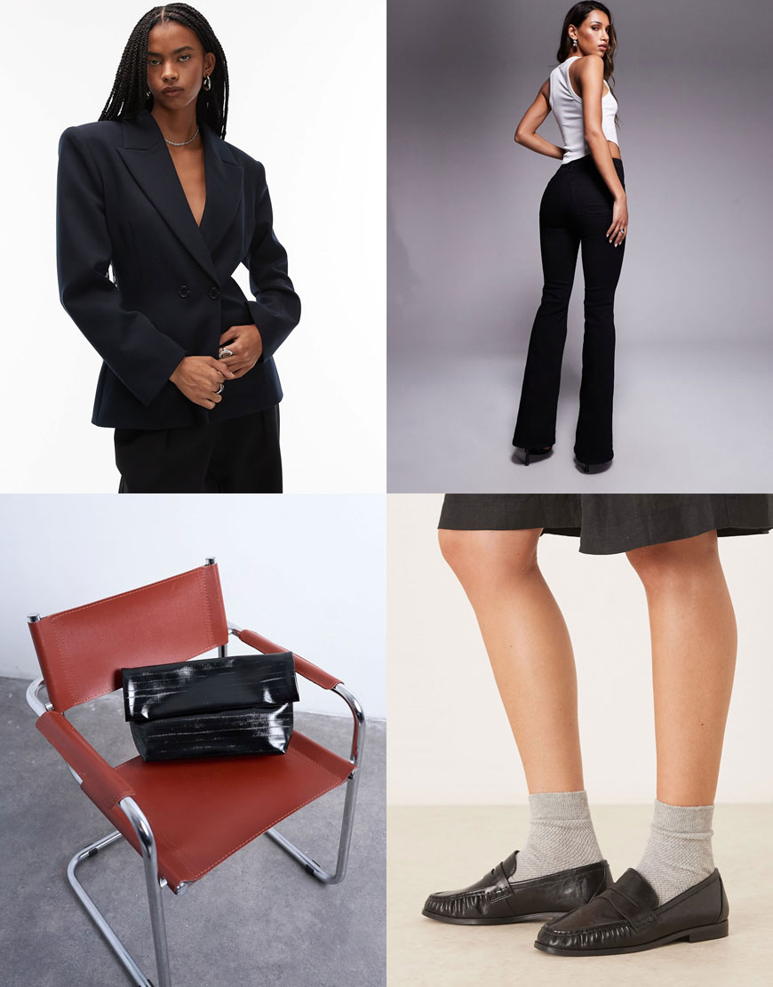 Blazer, Jeans, Loafers, Clutch