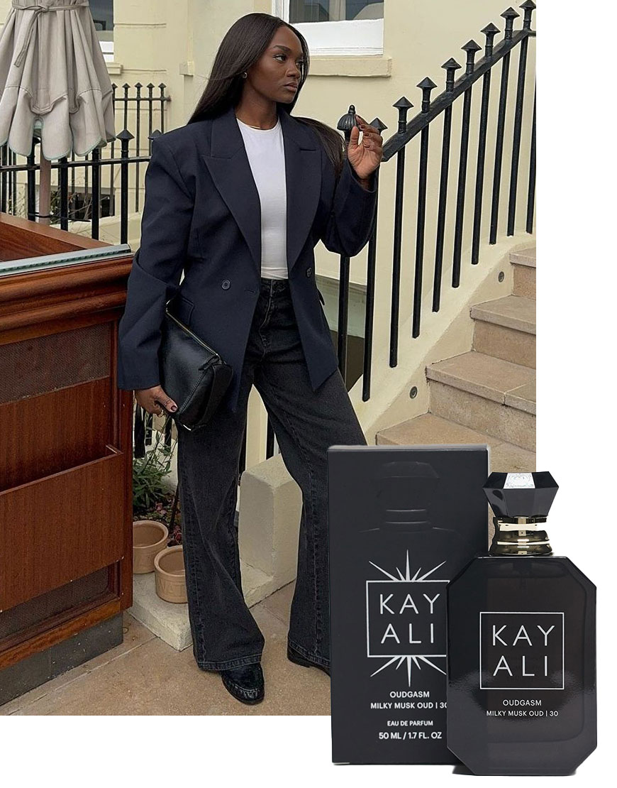Woman wearing blazer and jeans, KAYALI Oudgasm Perfume