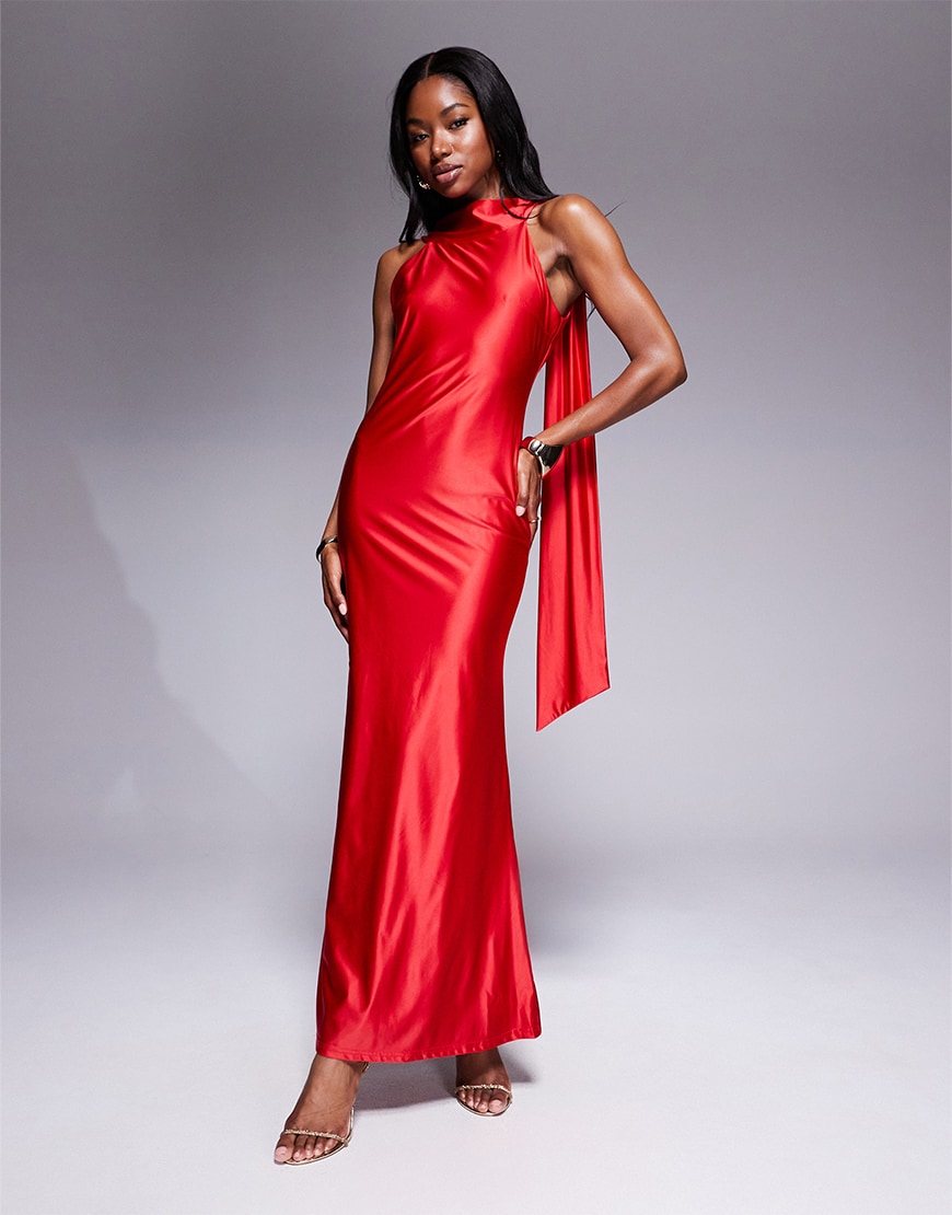 Model wearing a red satin dress
