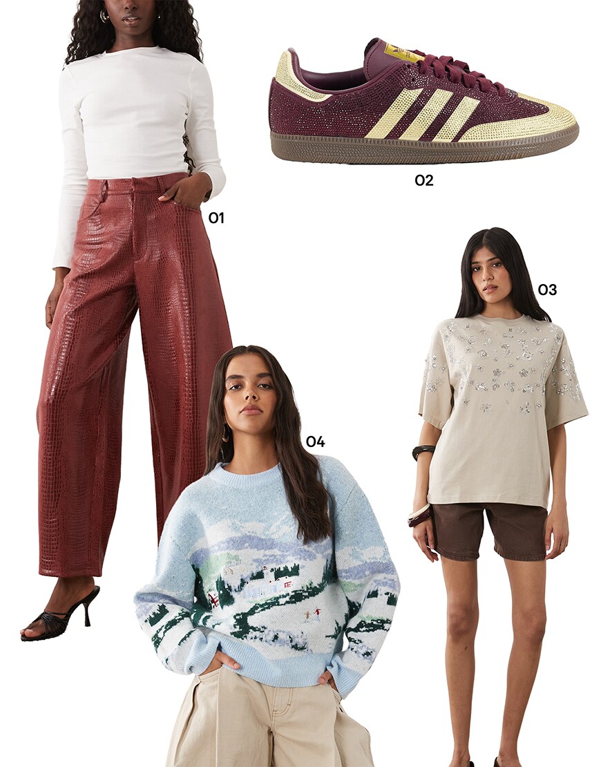 Collage of a women wearing red trousers with rhinstone adidas sambas and a christmas jumper| ASOS Style Feed