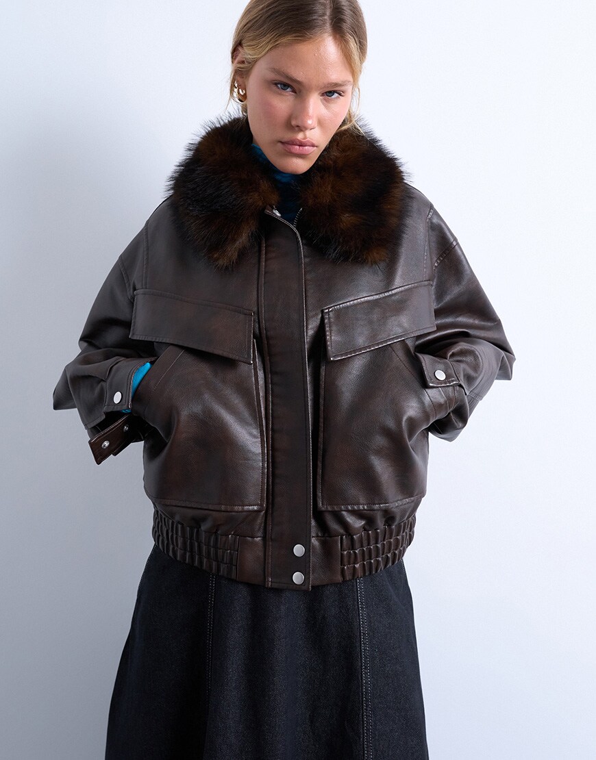 Topshop faux leather boxy zip through pocket bomber jacket with detachable fur collar in washed brown | ASOS Style Feed