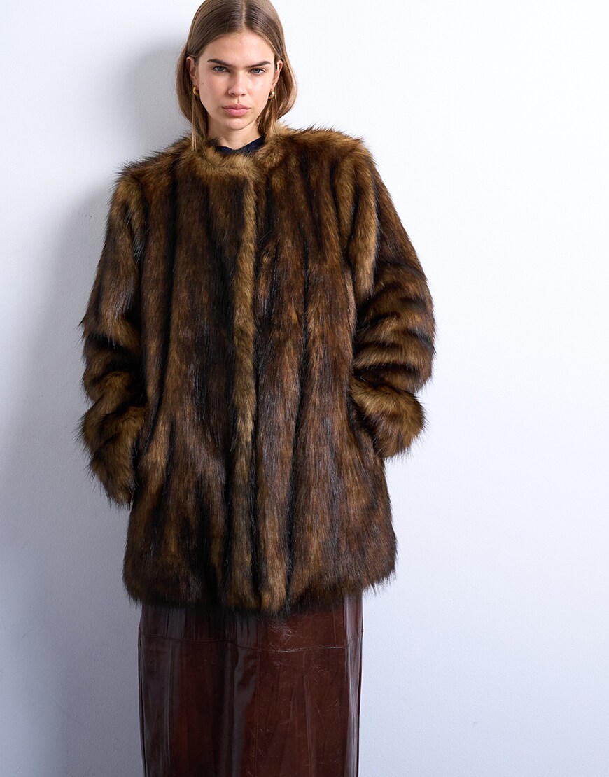 Topshop faux fur collarless mid length coat in ginger | ASOS Style Feed