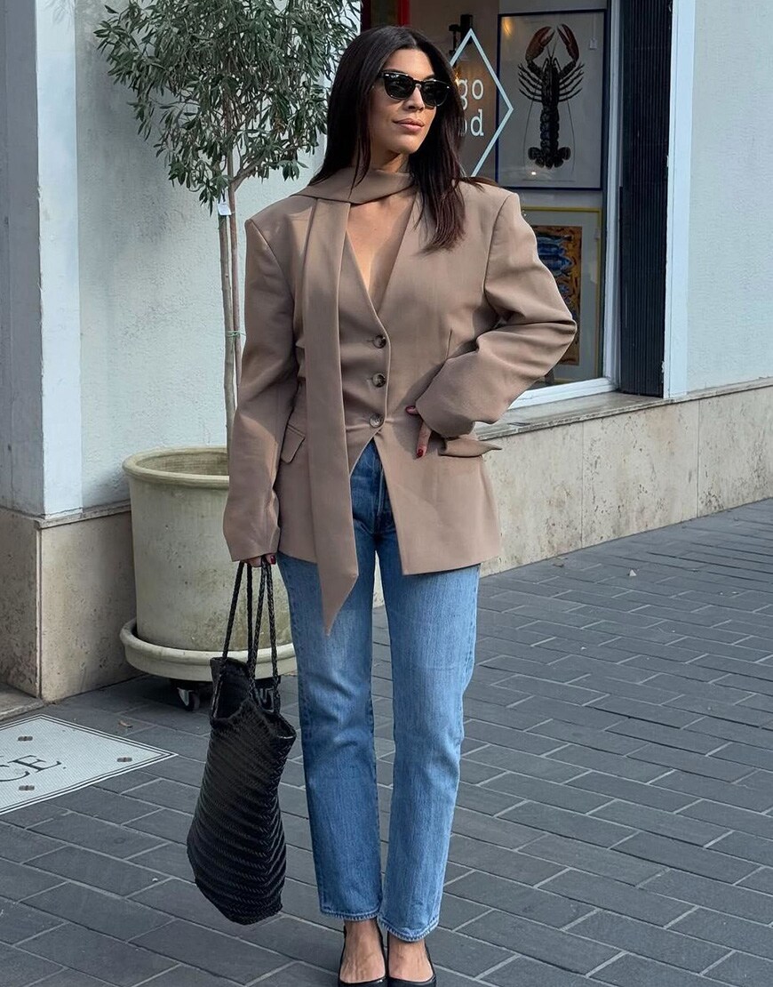 Woman wearing blazer with scarf detail | ASOS Style Feed