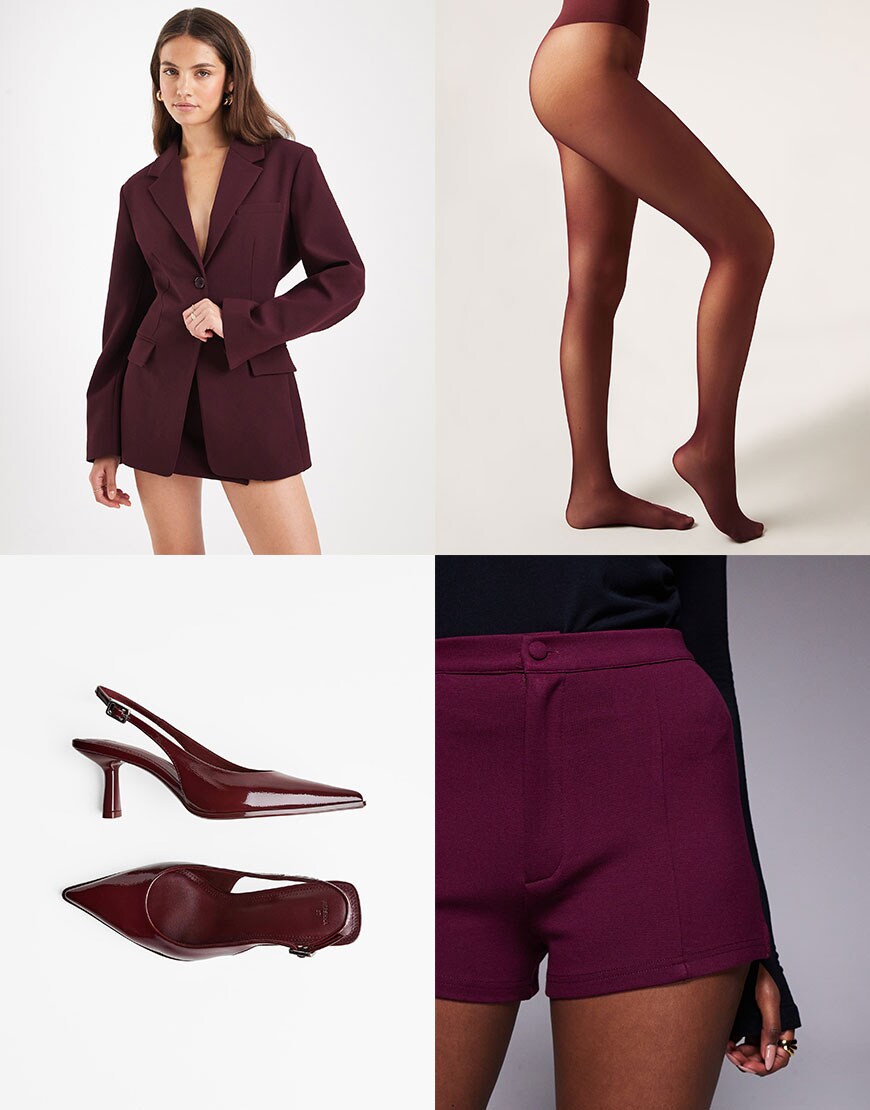 Burgundy Blazer, Tights, Heels and Shorts