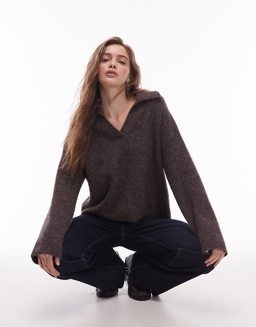 ARKET alpaca wool blend knitted jumper with polo collar in brown melange | ASOS Style Feed