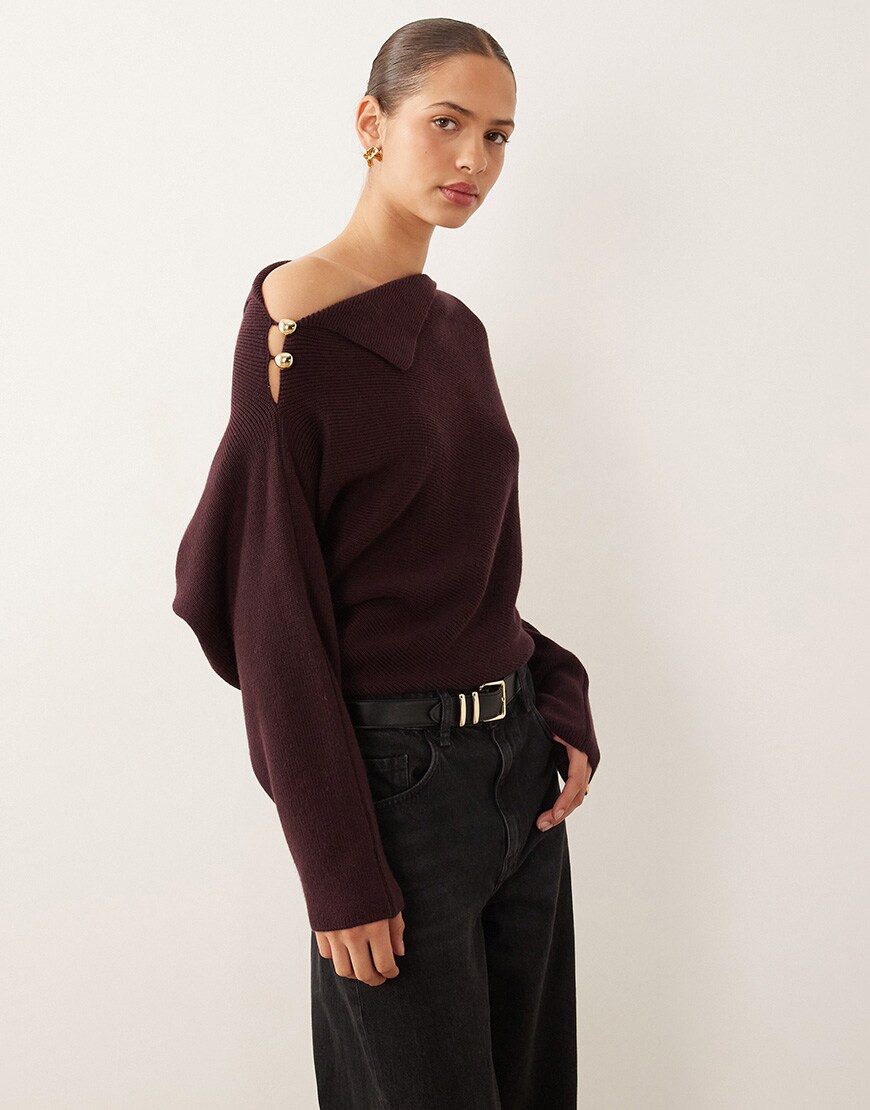 Mango wool mix asymmetric jumper with hardware detail in burgundy | ASOS Style Feed