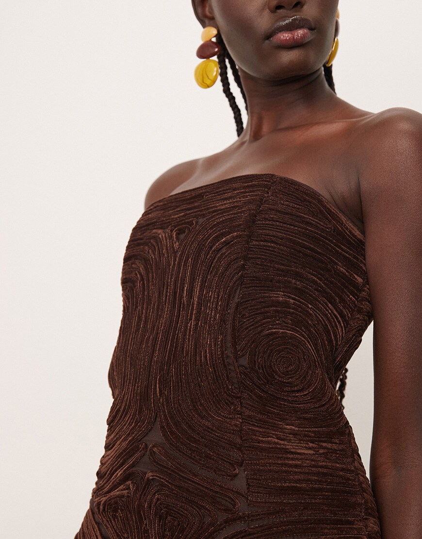 ARRANGE velvet rouleau embroidered bandeau midi dress in brown | ASOS Style Feed