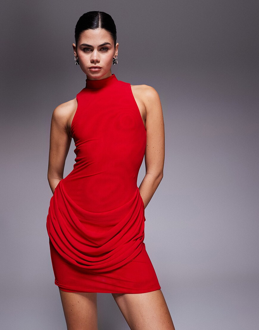 Wanderdoll Eman sculpted high neck sleeveless drape detail mini dress in red | ASOS Style Feed