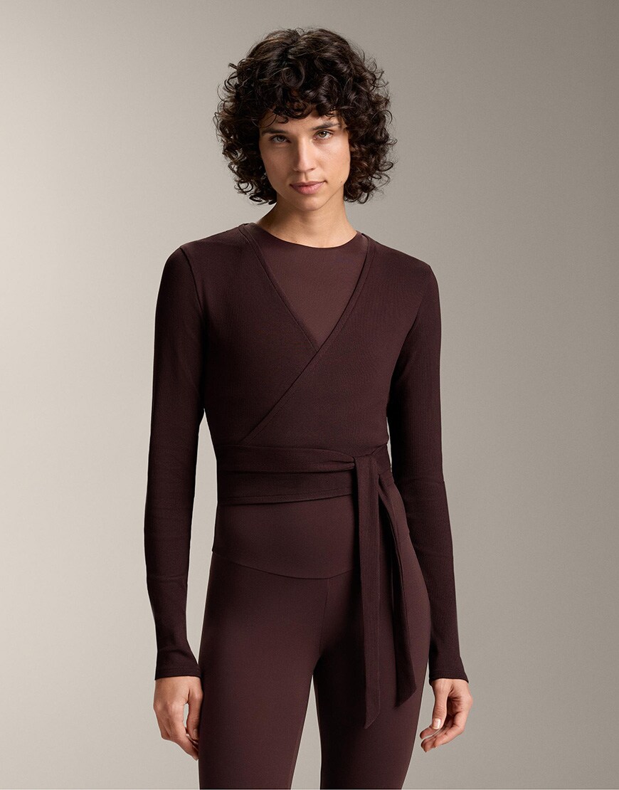 OYSHO Heavy rib cotton blend wrap top with tie in brown | ASOS Style Feed