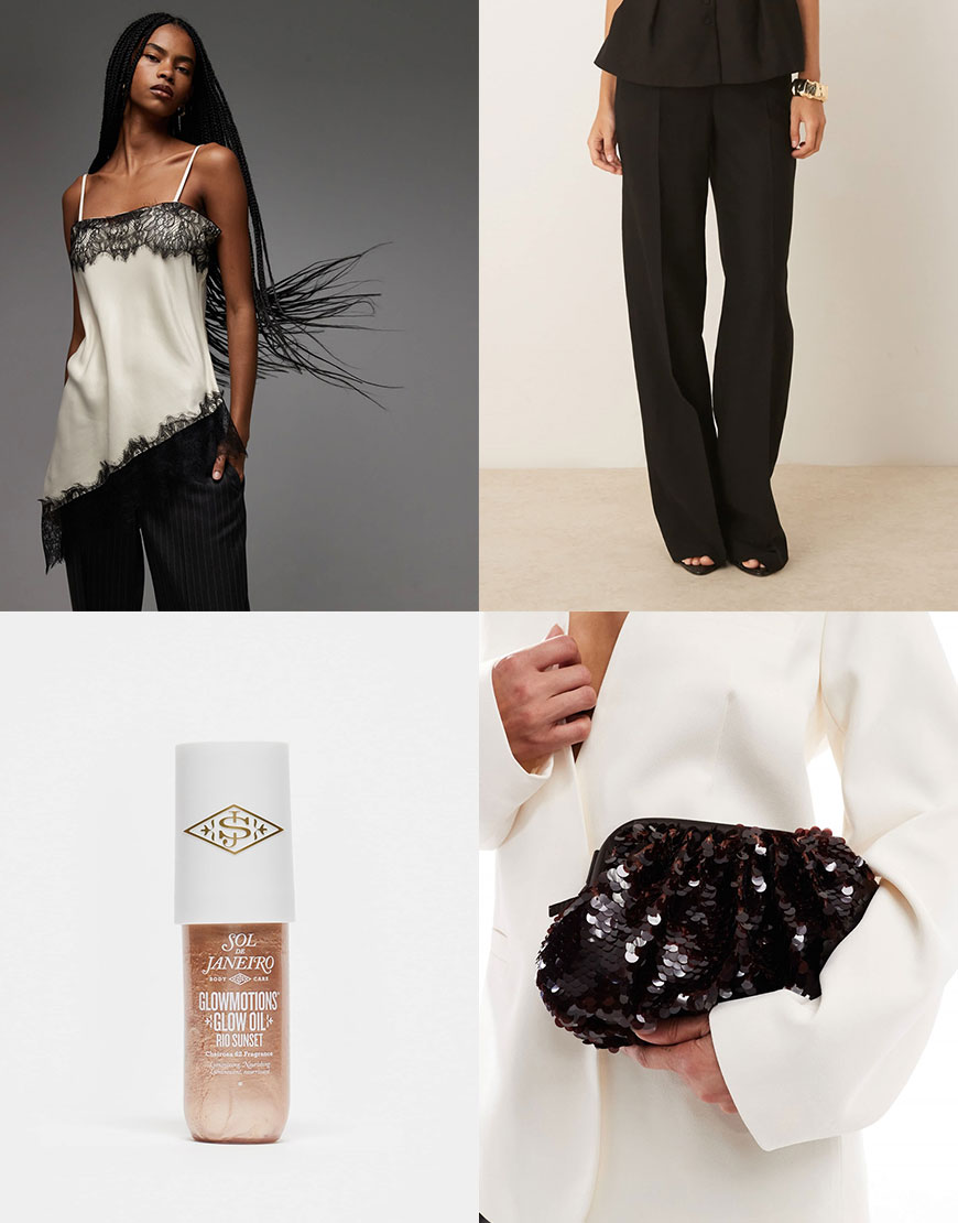 Satin Cami, Sequin Bag, Tailored Trousers, Body Glow