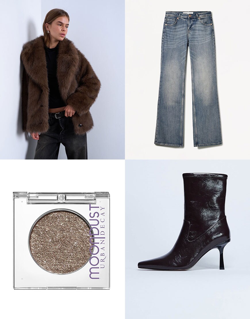Faux Fur Coat, Jeans, Boots, Eyeshadow