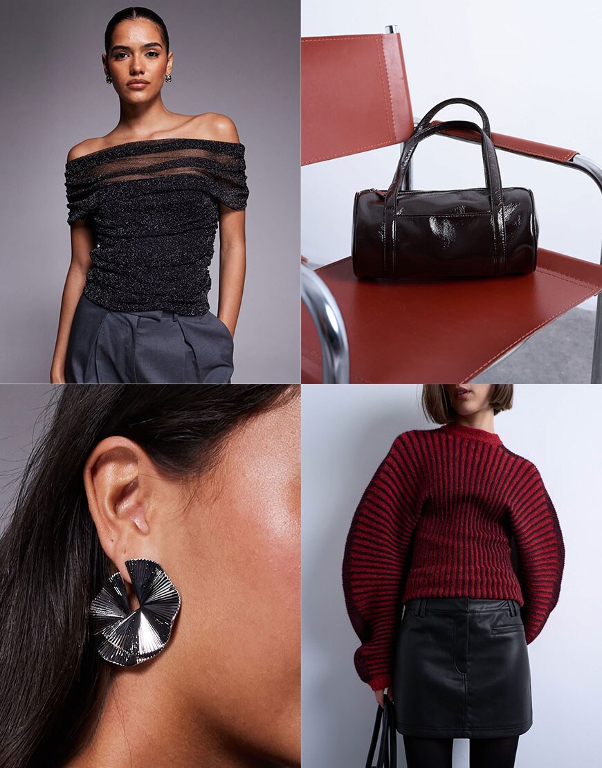 Mesh Glitter Top, Leather SKirt, Bag, Earrings