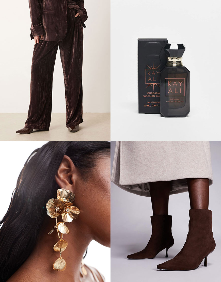 Velvet Trousers, Suede Boots, Earrings, Perfume