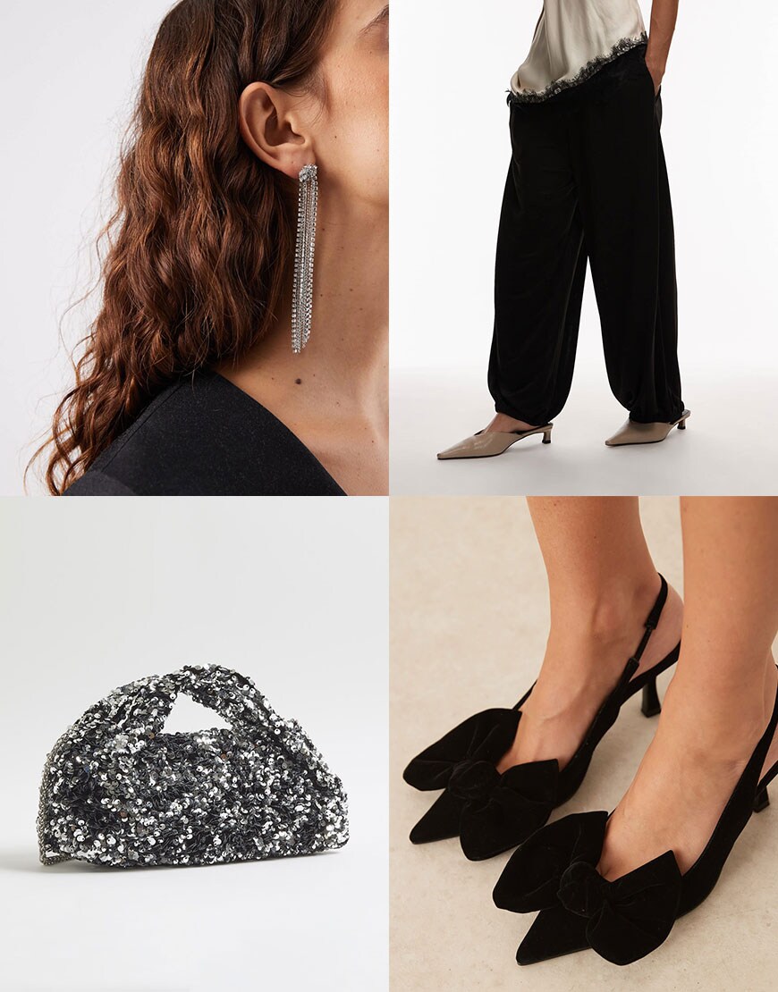 Balloon Trousers, Bow Heels, Sequin Bag, Drop Earrings
