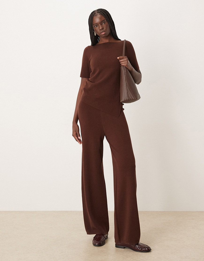 ASOS DESIGN ruched side asymmetric t-shirt & structured trouser co-ord in chocolate | ASOS Style Feed