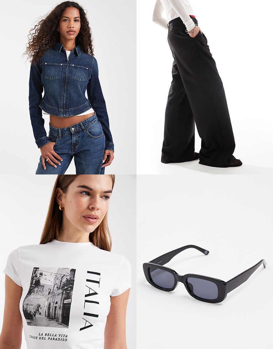 A collage of a fitted denim jacket outfit | ASOS Style Feed