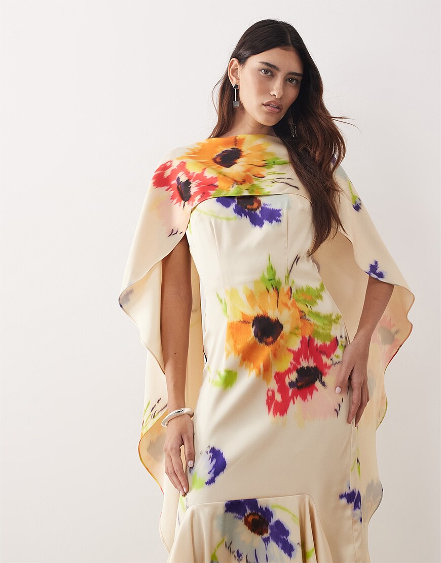 Woman wearing a long floral dress
